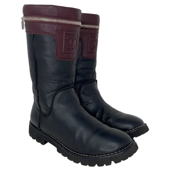 CHANEL BOOTS Black Leather Moto Engineer Italy Interlocking C Burgundy Zip 39.5 - Picture 3 of 16